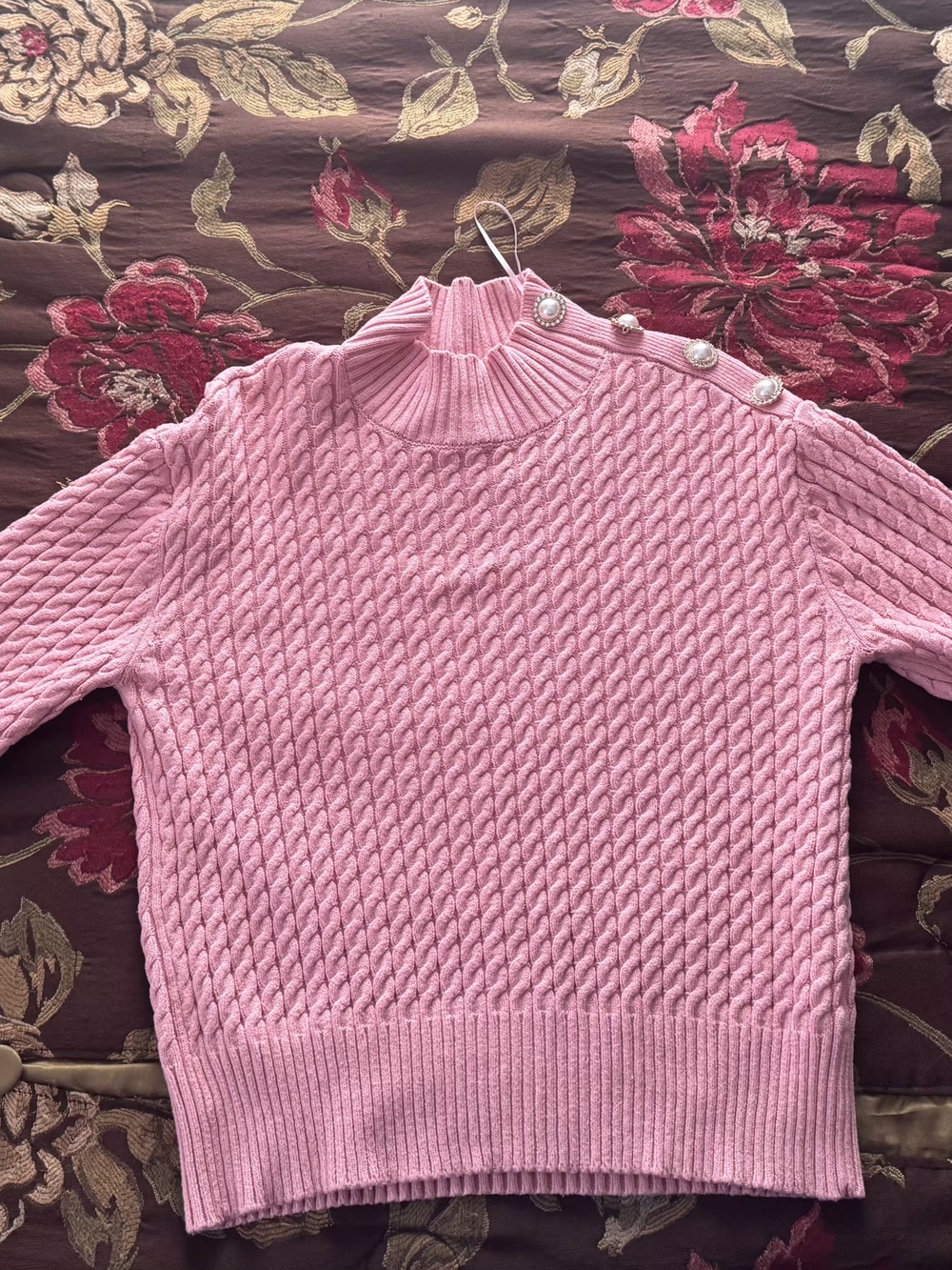 Elie Tahari Pink Cable-Knit Mock Neck Sweater with Pearl Buttons
